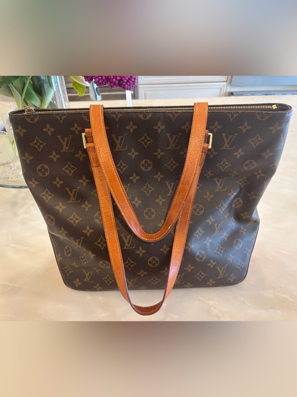 Louis Vuitton Cabas Mezzo MM Monogram Canvas Tote with Tan Vachetta Straps